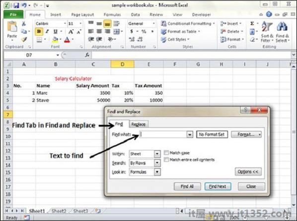 Find Tab in Excel
