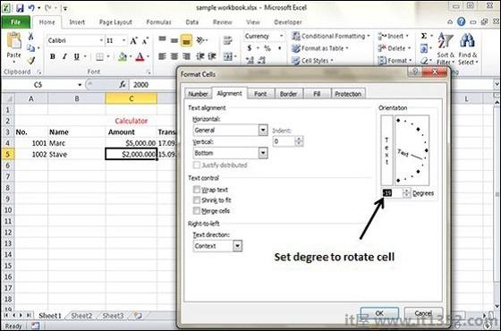 Rotate cell from Formatting cells